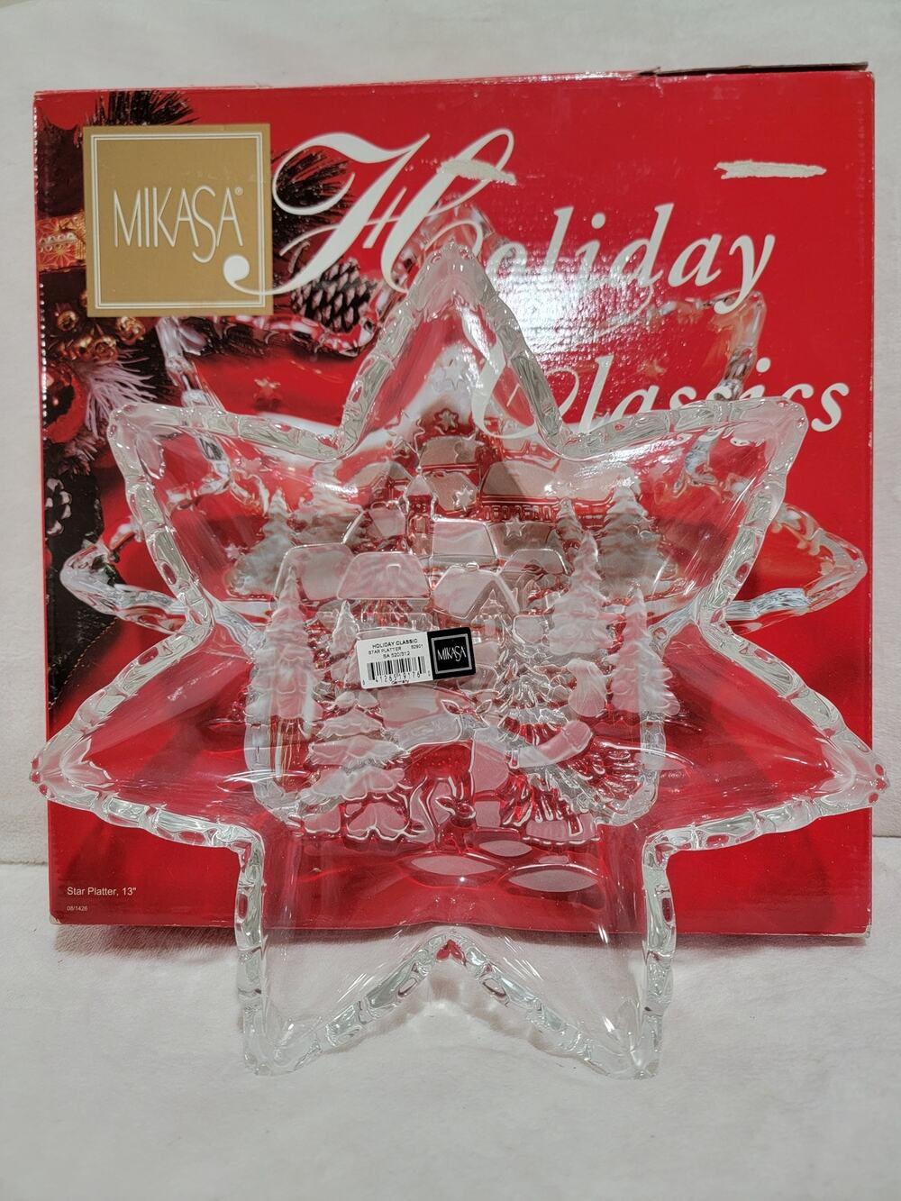 NIB - Mikasa Glass "Christmas Carol" Star Serving Platter Tray 12"~ Winter Deer